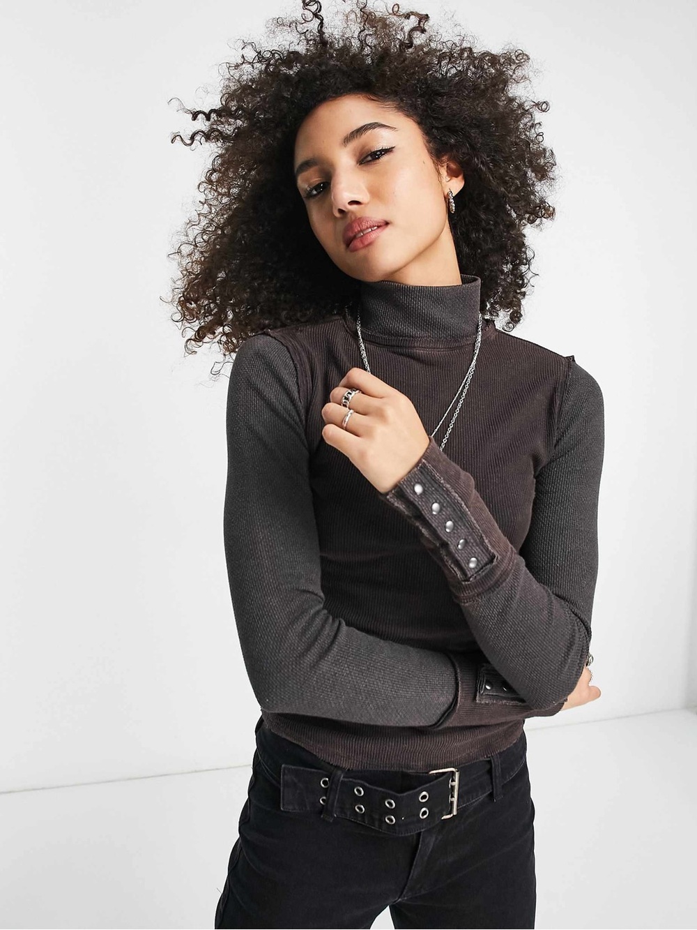 Free People Freya — Mock Neck Long-Sleeve Top in Charcoal